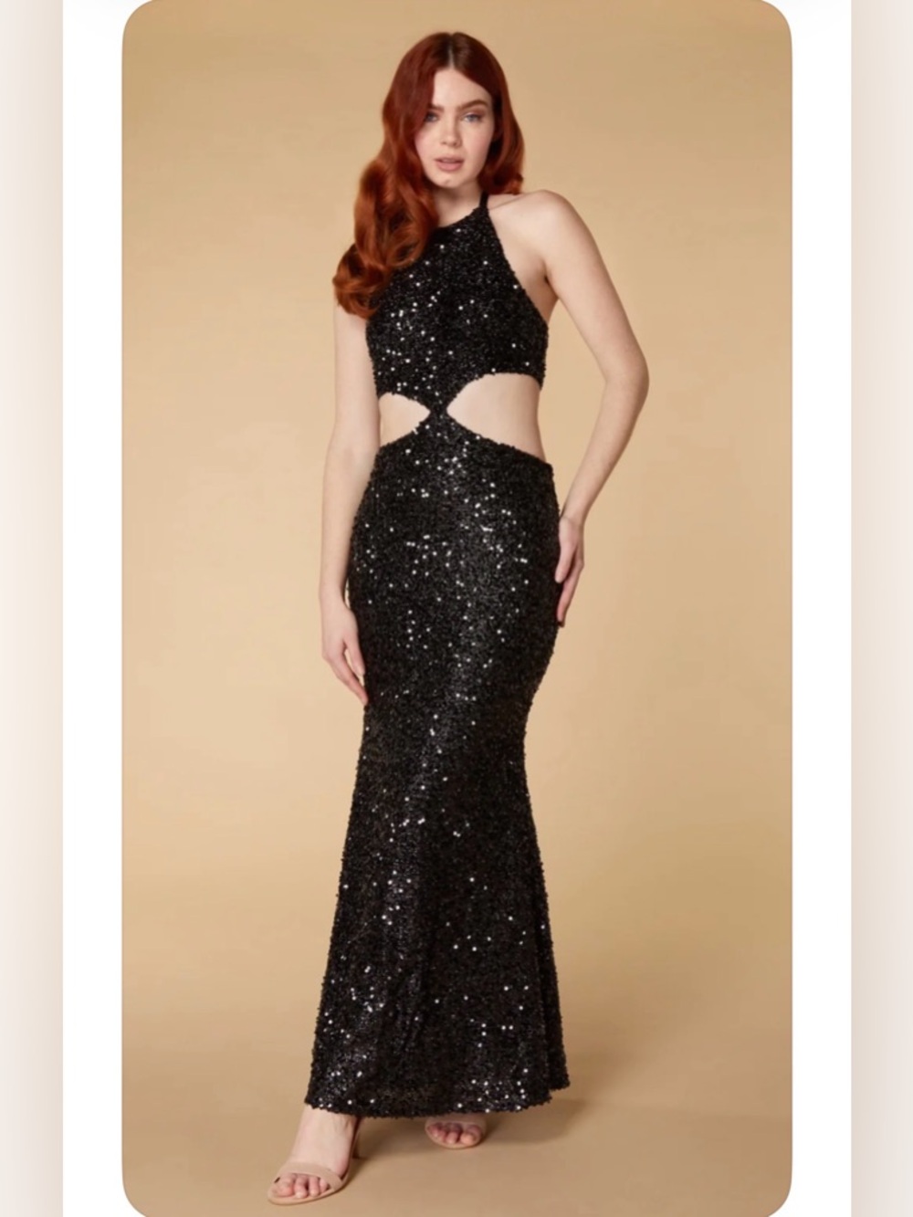 Jarlo Gloria Black Sequin Fishtail Maxi Dress with Cut Out NWT Black Tie or Prom